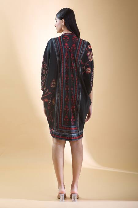 Shop Shraddha Rambhia Black Silk Mandarin Collar Floral Vine Printed Draped Dress at Aza Fashions Shop_Shraddha Rambhia_Black Silk Mandarin Collar Floral Vine Printed Draped Dress_at_Aza_Fashions