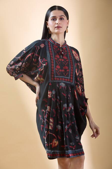 Buy Shraddha Rambhia Black Silk Mandarin Collar Floral Vine Printed Draped Dress Online at Aza Fashions Buy_Shraddha Rambhia_Black Silk Mandarin Collar Floral Vine Printed Draped Dress_Online_at_Aza_Fashions
