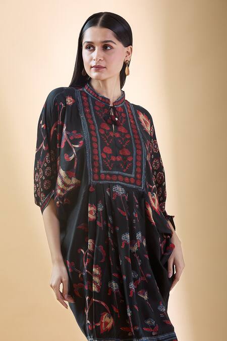 Shop Shraddha Rambhia Black Silk Mandarin Collar Floral Vine Printed Draped Dress Online at Aza Fashions Shop_Shraddha Rambhia_Black Silk Mandarin Collar Floral Vine Printed Draped Dress_Online_at_Aza_Fashions