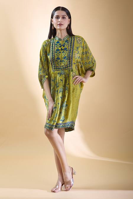 Shraddha Rambhia_Yellow Silk Tassels Mandarin Collar Vine Printed Draped Dress_Online_at_Aza_Fashions