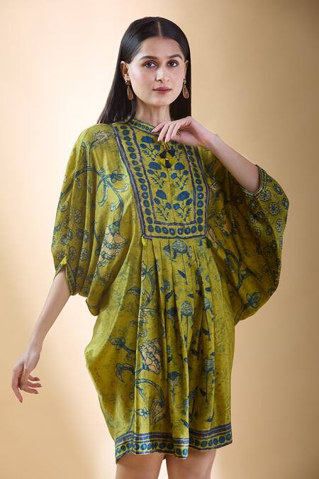 Buy_Shraddha Rambhia_Yellow Silk Tassels Mandarin Collar Vine Printed Draped Dress_Online_at_Aza_Fashions