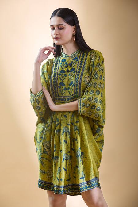 Shop_Shraddha Rambhia_Yellow Silk Tassels Mandarin Collar Vine Printed Draped Dress_Online_at_Aza_Fashions