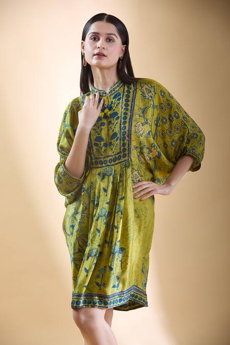 Shraddha Rambhia_Yellow Silk Tassels Mandarin Collar Vine Printed Draped Dress_at_Aza_Fashions