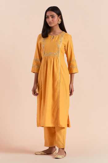 Buy Priya Chaudhary Yellow Chanderi Silk Embroidery Keyhole Neck Floral Kurta And Pant Set Online at Aza Fashions Buy_Priya Chaudhary_Yellow Chanderi Silk Embroidery Keyhole Neck Floral Kurta And Pant Set _Online_at_Aza_Fashions