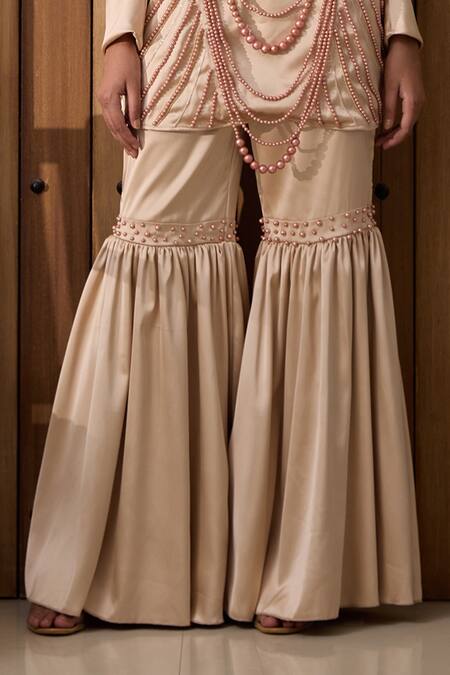 SAANJH BY LEA_Beige Satin Pearls Square Neck Nadira Hand-embroidered Kurta Sharara Set_Online_at_Aza_Fashions