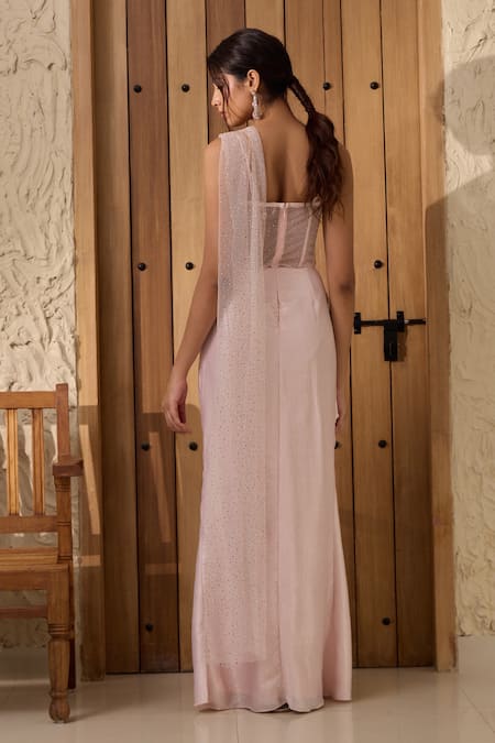 Shop_Saanjh By Lea_Pink Georgette Stones Sweetheart Neck Faizah Work Saree Gown _at_Aza_Fashions