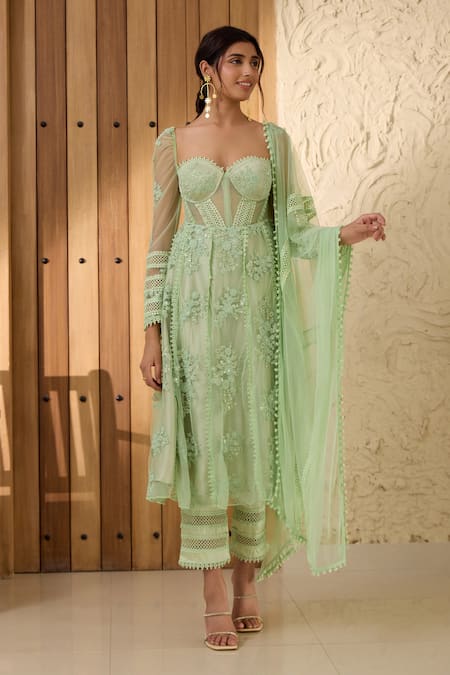 SAANJH BY LEA Green Mesh Embroidered Lace Sweetheart Fariha Corset Anarkali Pant Set 