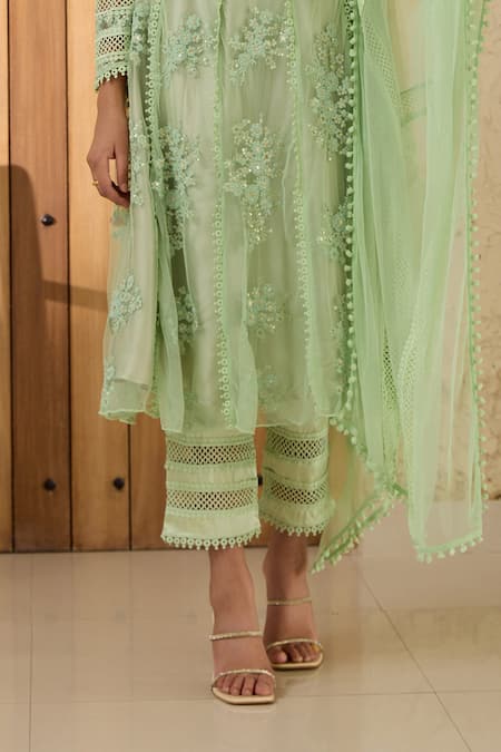 SAANJH BY LEA Green Satin, Muslin, Net Lace, Sequins, Fariha Corset Anarkali Pant Set Online at Aza Fashions SAANJH BY LEA_Green Satin, Muslin, Net Lace, Sequins, Fariha Corset Anarkali Pant Set _Online_at_Aza_Fashions