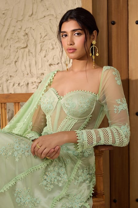 SAANJH BY LEA Green Satin, Muslin, Net Lace, Sequins, Fariha Corset Anarkali Pant Set at Aza Fashions SAANJH BY LEA_Green Satin, Muslin, Net Lace, Sequins, Fariha Corset Anarkali Pant Set _at_Aza_Fashions