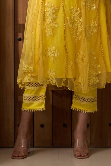 SAANJH BY LEA_Yellow Satin, Microfiber, Net Lace, Sequins, Fariha Work Anarkali Pant Set _Online_at_Aza_Fashions