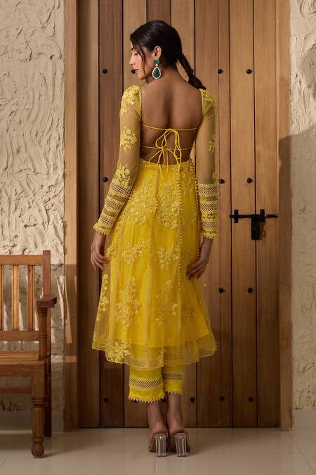 Buy_SAANJH BY LEA_Yellow Satin, Microfiber, Net Lace, Sequins, Fariha Work Anarkali Pant Set _Online_at_Aza_Fashions