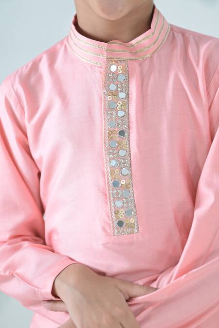 The Plum Bum_Peach Cotton, Silk Mirrors, Lace, Sequins Embellished Placket Kurta _Online_at_Aza_Fashions