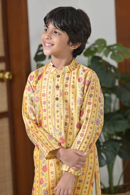 Shop_The Plum Bum_Yellow Chanderi Silk, Cotton Floral Print Kurta With Pant _at_Aza_Fashions