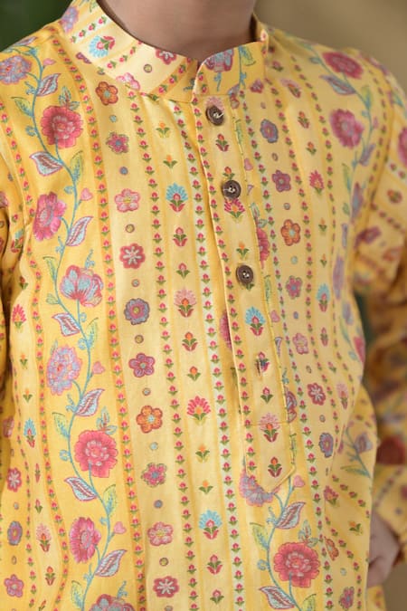 The Plum Bum_Yellow Chanderi Silk, Cotton Floral Print Kurta With Pant _Online_at_Aza_Fashions