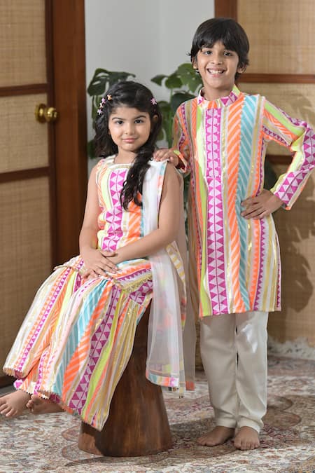 The Plum Bum_Multi Color Cotton, Chiffon Sequins, Gota Patti Embroidered Textured Sharara Set _Online_at_Aza_Fashions