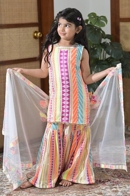 Buy_The Plum Bum_Multi Color Cotton, Chiffon Sequins, Gota Patti Embroidered Textured Sharara Set _Online_at_Aza_Fashions