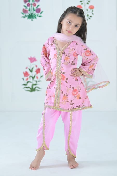 The Plum Bum Pink Satin Linen Printed Floral Kurta With Tulip Pant 