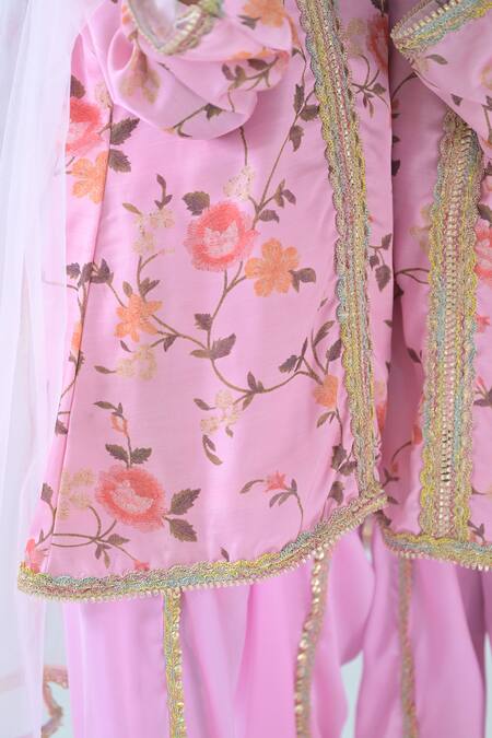 Buy_The Plum Bum_Pink Satin, Linen Embroidery Floral Print Kurta With Tulip Pant _Online_at_Aza_Fashions
