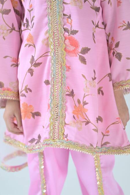 The Plum Bum_Pink Satin, Linen Embroidery Floral Print Kurta With Tulip Pant _at_Aza_Fashions