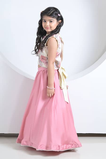 Shop_The Plum Bum_Ivory Satin, Linen, Chiffon Gathered Lehenga With Floral Print Blouse _at_Aza_Fashions