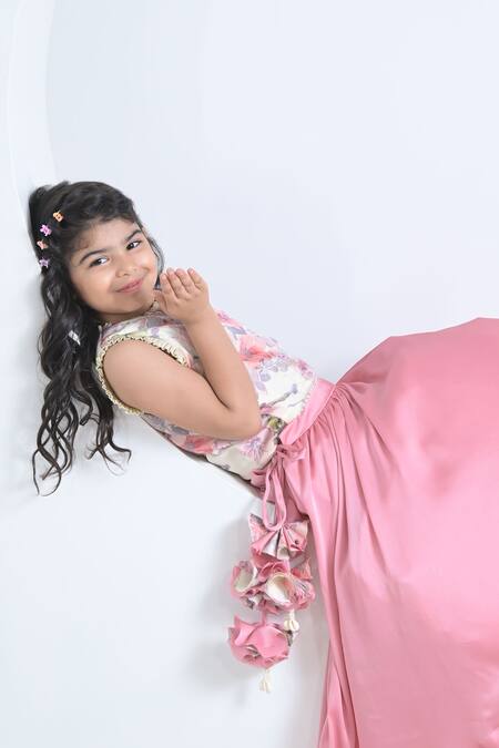 The Plum Bum_Ivory Satin, Linen, Chiffon Gathered Lehenga With Floral Print Blouse _Online_at_Aza_Fashions