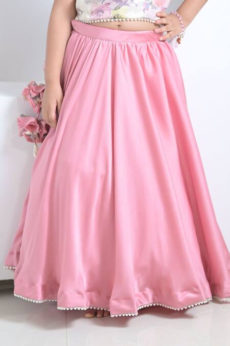 The Plum Bum Ivory Satin, Linen, Chiffon Gathered Lehenga With Floral Print Blouse at Aza Fashions The Plum Bum_Ivory Satin, Linen, Chiffon Gathered Lehenga With Floral Print Blouse _at_Aza_Fashions