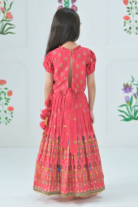 Shop_The Plum Bum_Red Silk, Net Tassels, Embroidery Peacock Print Lehenga Set_at_Aza_Fashions