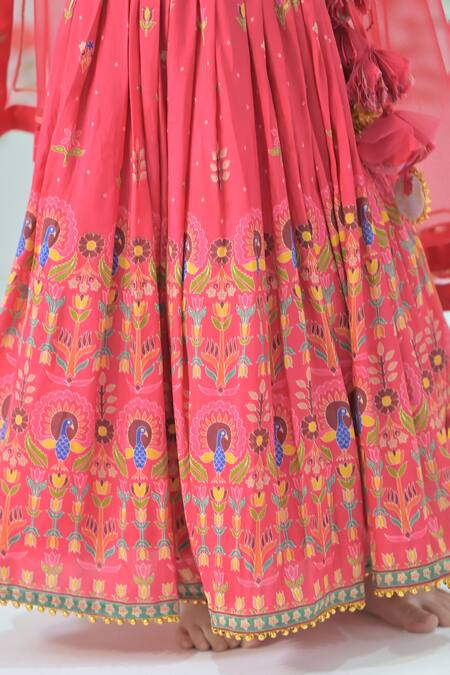 Buy_The Plum Bum_Red Silk, Net Tassels, Embroidery Peacock Print Lehenga Set_Online_at_Aza_Fashions