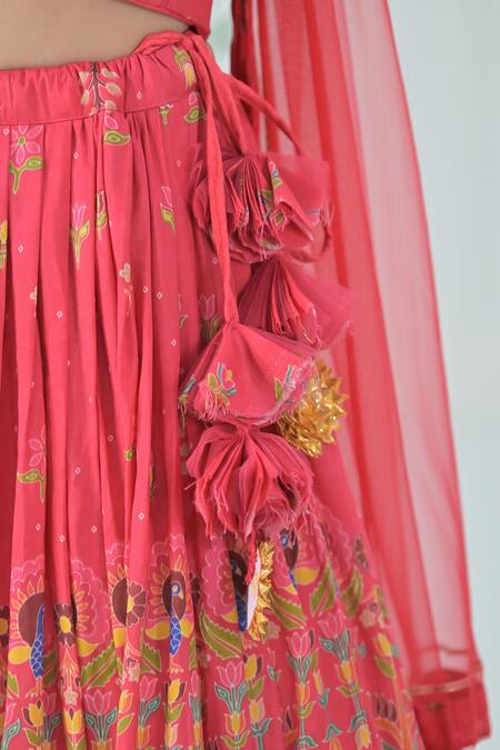 Shop_The Plum Bum_Red Silk, Net Tassels, Embroidery Peacock Print Lehenga Set_Online_at_Aza_Fashions