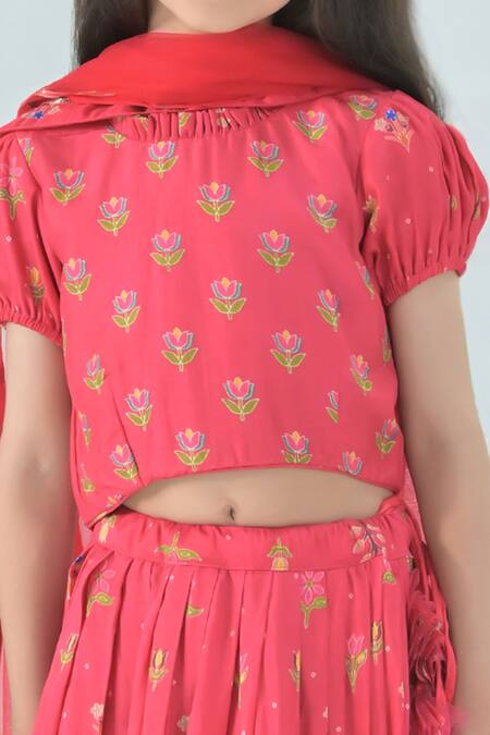 The Plum Bum_Red Silk, Net Tassels, Embroidery Peacock Print Lehenga Set_at_Aza_Fashions