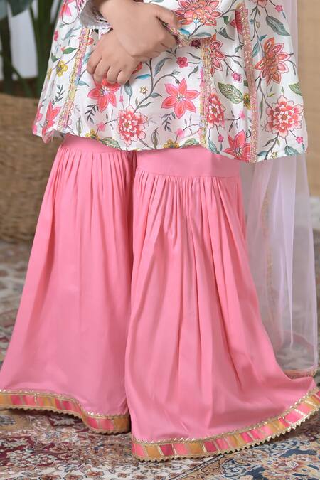 The Plum Bum_White Chanderi Silk Lace, Embroidery Dori Kurta With Sharara _Online_at_Aza_Fashions