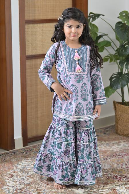 The Plum Bum_Purple Cotton, Net Lace, Tassels Handblock Print Kurta Sharara Set_Online_at_Aza_Fashions