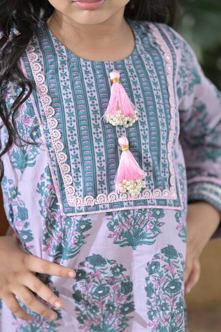 Buy_The Plum Bum_Purple Cotton, Net Lace, Tassels Handblock Print Kurta Sharara Set_Online_at_Aza_Fashions