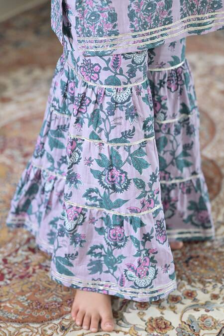Shop_The Plum Bum_Purple Cotton, Net Lace, Tassels Handblock Print Kurta Sharara Set_Online_at_Aza_Fashions