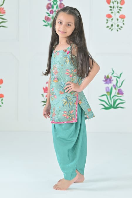 Shop_The Plum Bum_Green Silk, Net Embroidery, Lace Floral Print Kurta And Dhoti Pant Set _at_Aza_Fashions