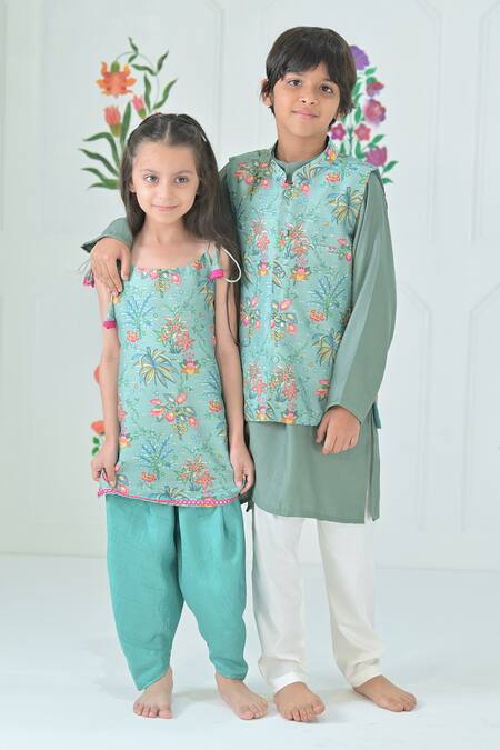 The Plum Bum_Green Silk, Net Embroidery, Lace Floral Print Kurta And Dhoti Pant Set _Online_at_Aza_Fashions