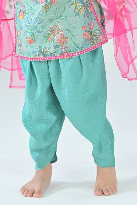 Shop_The Plum Bum_Green Silk, Net Embroidery, Lace Floral Print Kurta And Dhoti Pant Set _Online_at_Aza_Fashions
