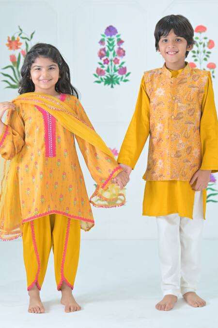 The Plum Bum_Yellow Satin, Linen, Net Lace, Embroidery, Floral Print Kurta And Tulip Pant Set _Online_at_Aza_Fashions