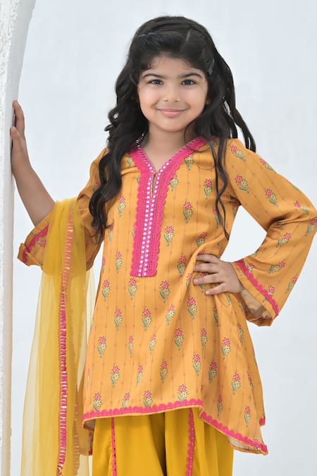 Buy_The Plum Bum_Yellow Satin, Linen, Net Lace, Embroidery, Floral Print Kurta And Tulip Pant Set _Online_at_Aza_Fashions