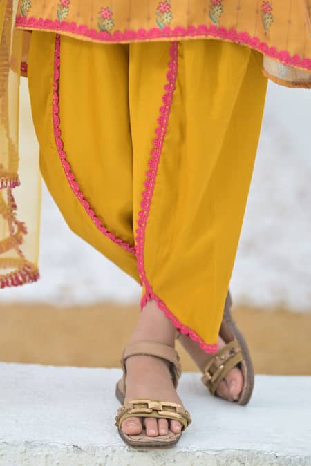 Shop_The Plum Bum_Yellow Satin, Linen, Net Lace, Embroidery, Floral Print Kurta And Tulip Pant Set _Online_at_Aza_Fashions