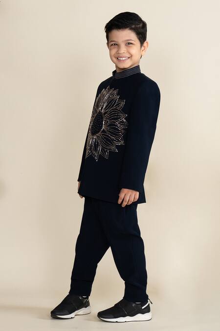 Little Boys Closet Blue Polyester Zari, Cut Work Cutdana Embroidered Bandhgala Set Online at Aza Fashions Little Boys Closet_Blue Polyester Zari, Cut Work Cutdana Embroidered Bandhgala Set _Online_at_Aza_Fashions