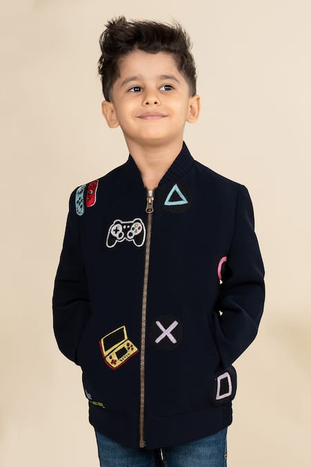 Little Boys Closet Blue Polyester Embroidery Gamer Placement Jacket Online at Aza Fashions Little Boys Closet_Blue Polyester Embroidery Gamer Placement Jacket _Online_at_Aza_Fashions
