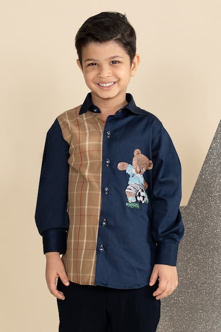 LITTLE BOYS CLOSET Blue Cotton Satin Embroidery Big Teddy Football Colorblock Shirt 