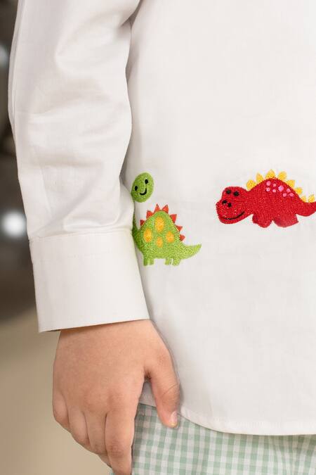Little Boys Closet White Cotton Satin Embroidery Dinasour Placement Shirt Online at Aza Fashions Little Boys Closet_White Cotton Satin Embroidery Dinasour Placement Shirt_Online_at_Aza_Fashions