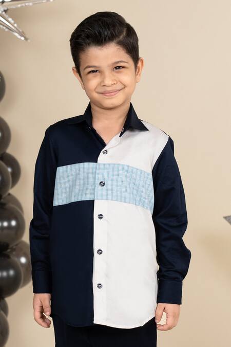 Shop Little Boys Closet Blue Cotton Satin Colorblock Shirt at Aza Fashions Shop_Little Boys Closet_Blue Cotton Satin Colorblock Shirt_at_Aza_Fashions