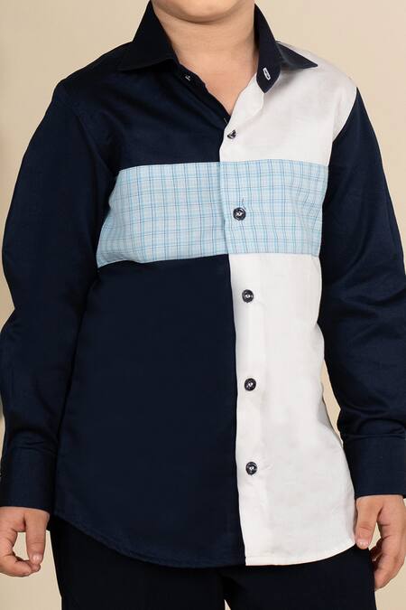Little Boys Closet Blue Cotton Satin Colorblock Shirt Online at Aza Fashions Little Boys Closet_Blue Cotton Satin Colorblock Shirt_Online_at_Aza_Fashions