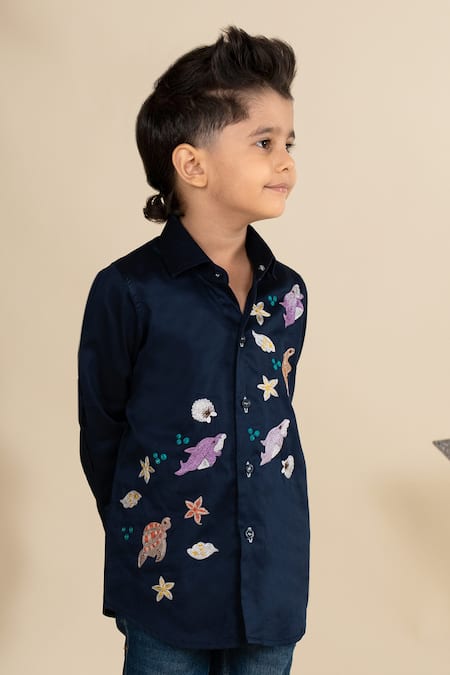 Little Boys Closet_Blue Cotton Satin Embroidery Animal Shirt_Online_at_Aza_Fashions