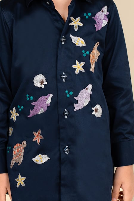Buy_Little Boys Closet_Blue Cotton Satin Embroidery Animal Shirt_Online_at_Aza_Fashions