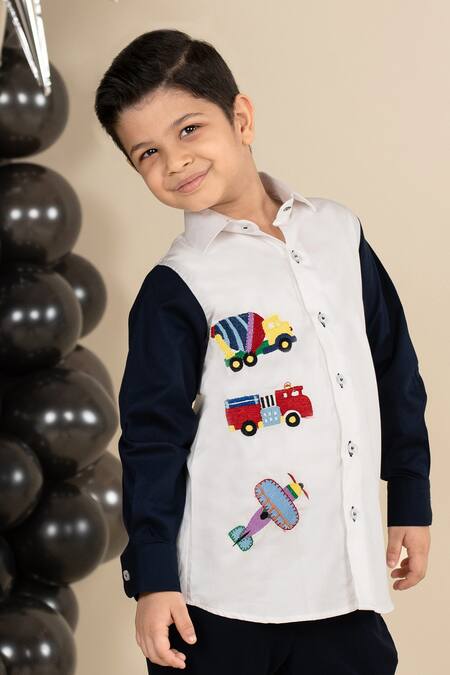 Little Boys Closet_White Cotton Satin Embroidery Transport Shirt_Online_at_Aza_Fashions