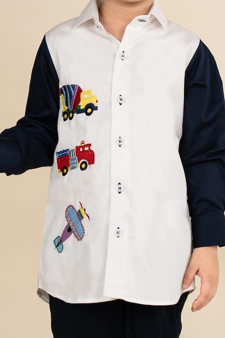 Buy_Little Boys Closet_White Cotton Satin Embroidery Transport Shirt_Online_at_Aza_Fashions